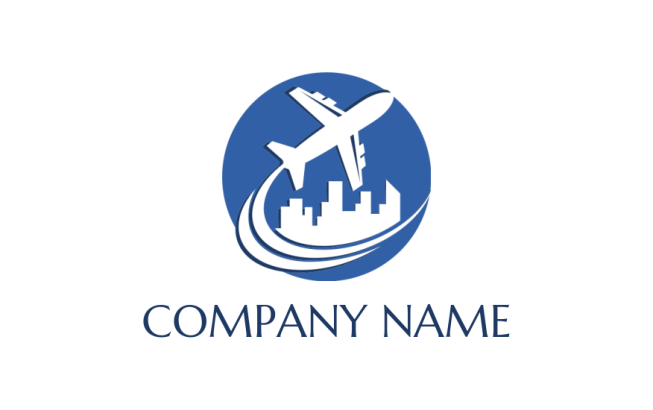 airplane flying around negative space skyscrapers in circle logo