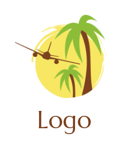 Travel logo airplane flying palm trees circle