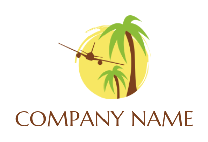 Travel logo airplane flying palm trees circle