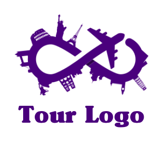 Make a travel logo airplane forming infinity sign with global landmarks 