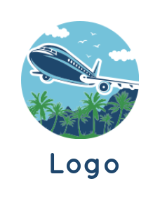 generate a travel logo airplane over mountains with palm trees