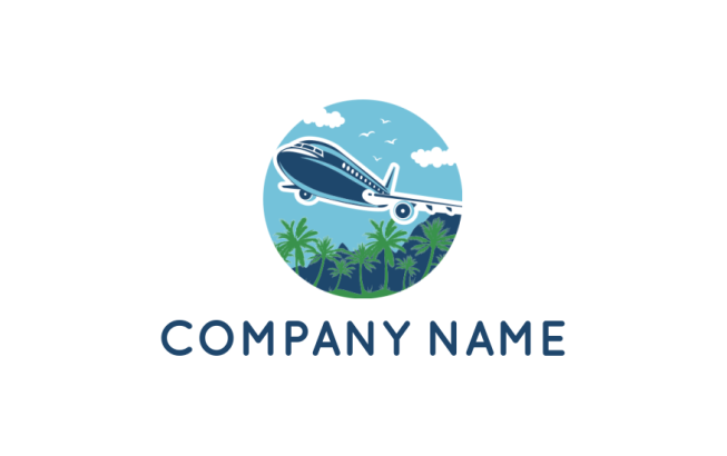 generate a travel logo airplane over mountains with palm trees