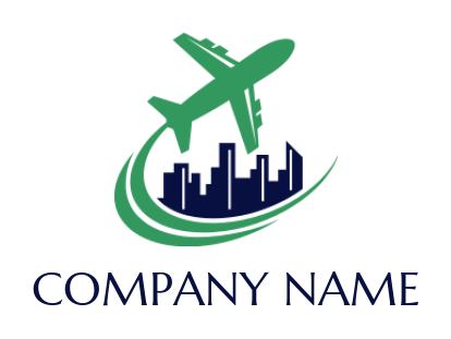 airplane with swoosh flying around skyscrapers logo template