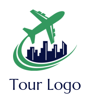 create a travel logo airplane with swoosh flying around skyscrapers 