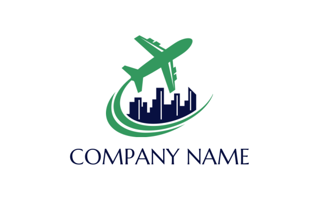 airplane with swoosh flying around skyscrapers logo template
