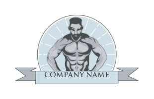 fitness logo bodybuilder in circle with ribbon