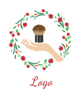 beauty logo powder brush on hand in wreath