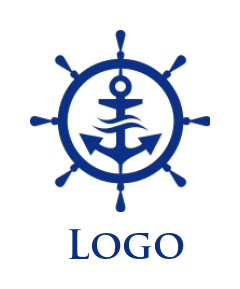 design a travel logo anchor in ship steering wheel with water waves