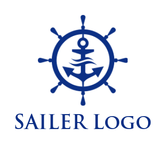design a travel logo anchor in ship steering wheel with water waves