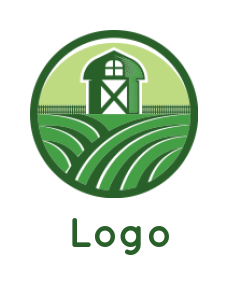 barn house icon with picket fence and field 
