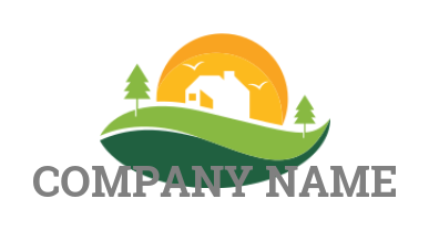 barn house logo trees and birds on abstract leaf 
