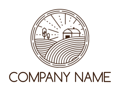 generate an agriculture logo barn with field and trees made of lines emblem 