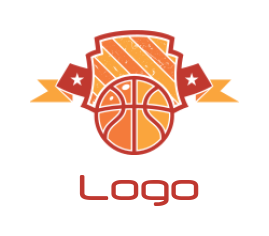 sports logo basketball with shield and ribbon