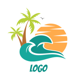 travel logo beach waves and palm trees with sun