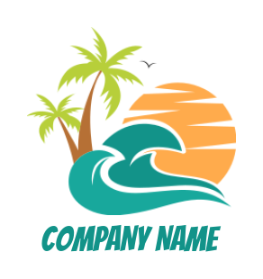travel logo beach waves and palm trees with sun