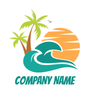 travel logo image beach with waves and palm trees with sun