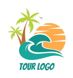 travel logo image beach with waves and palm trees with sun