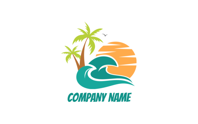 beach with waves and palm trees with sun logo creator