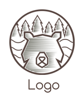 design a pet logo bear head with pine trees and river