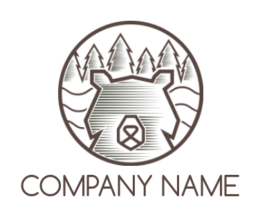 design a pet logo bear head with pine trees and river