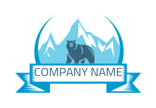 pet logo illustration bear in front of mountains with ribbon - logodesign.net