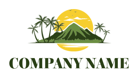 design a travel logo beautiful landscape with mountains and sun trees 