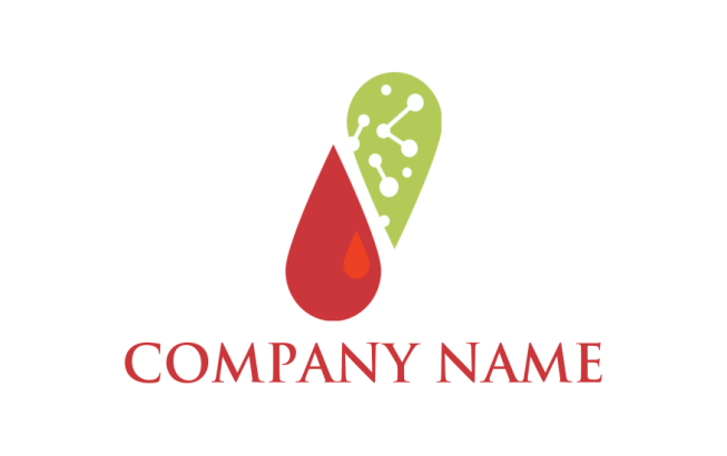 design a pharmacy logo blood drop and chemical bonds forming capsule 