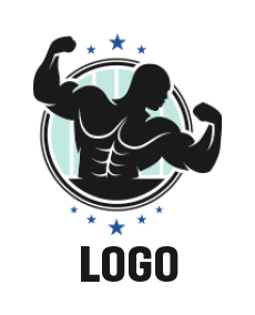 bodybuilder silhouette in circle with stars
