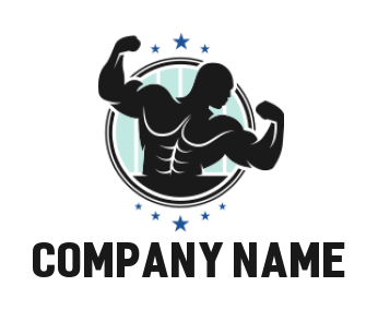 bodybuilder silhouette in circle with stars