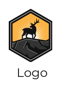 animal logo online buck deer on rocks with rays in hexagon