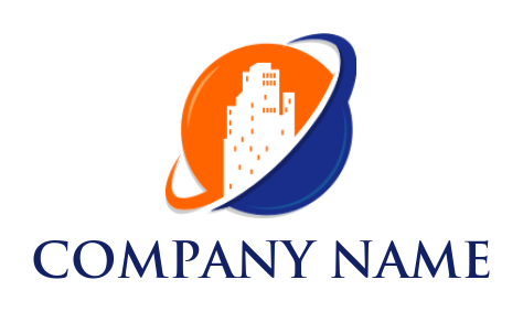 real estate logo building in globe with swoosh