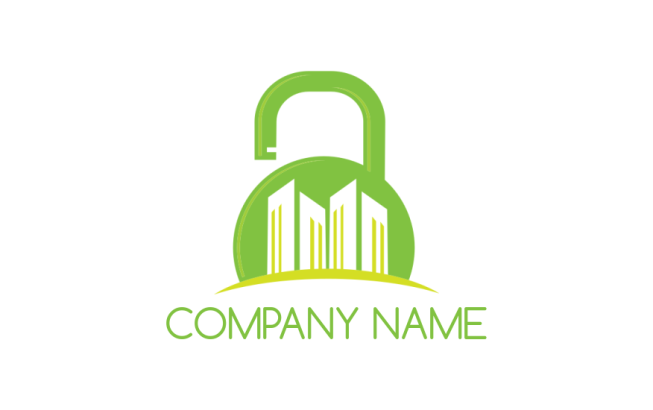buildings inside open shield padlock | Logo Template by LogoDesign.net