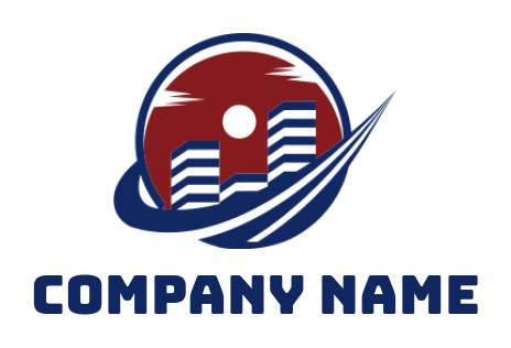 real estate logo illustration buildings over swoosh in circle - logodesign.net