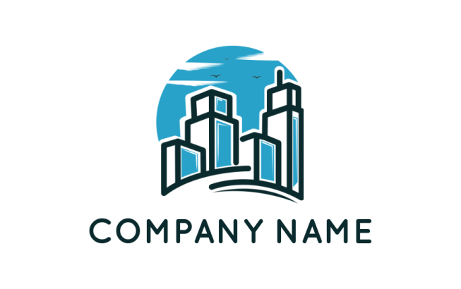create a real estate logo buildings skyline with birds and cloud 