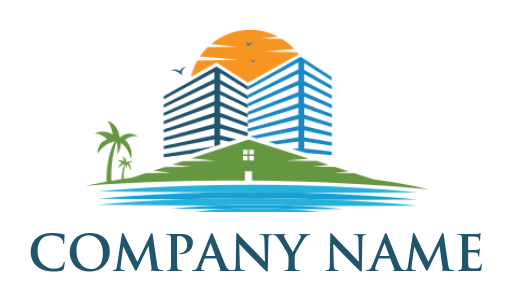 make a real estate logo buildings with house roof and sun - logodesign.net