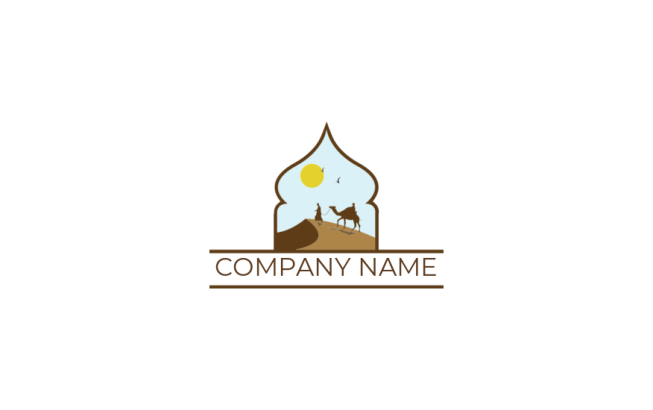 travel logo illustration camel on sand dune inside minar shape