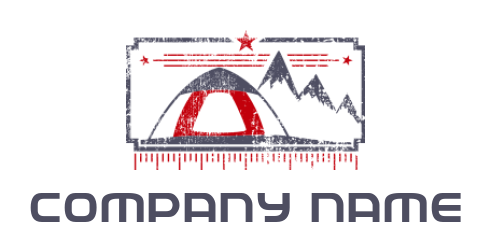 create a travel logo camp tent next to snow mountains on scale marks