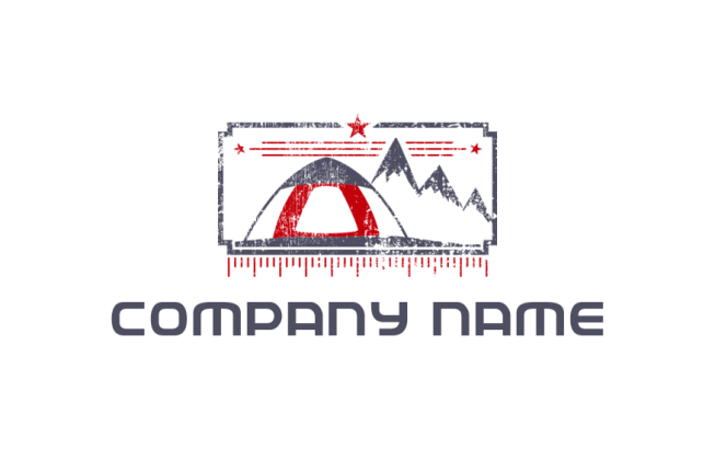 create a travel logo camp tent next to snow mountains on scale marks