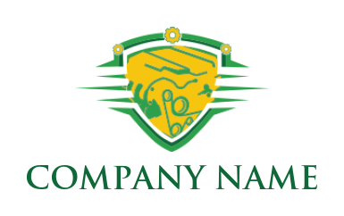 engineering logo icon car engine inside shield with gears - logodesign.net