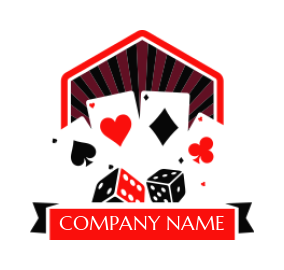 gambling logo illustration  cards and dice in half hexagon with ribbon