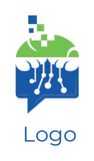 Communication logo chat bubble with circuitry and pixels