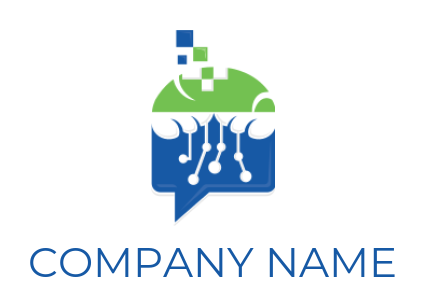 Communication logo chat bubble with circuitry and pixels