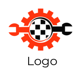 logo maker of checkered flag in center of gear with spanners 