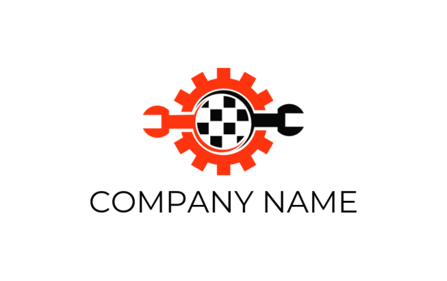 logo maker of checkered flag in center of gear with spanners 