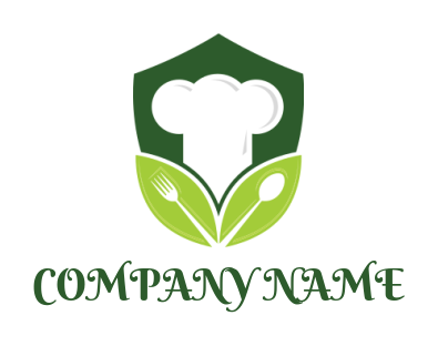 restaurant logo online chef cap inside shield with leaves fork and spoon 