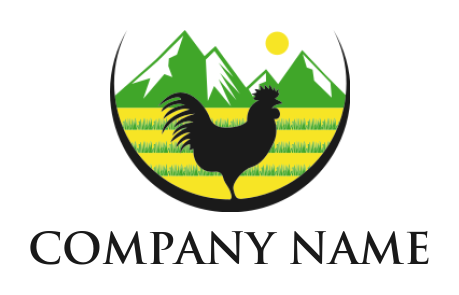 Agriculture logo design with a chicken in farm with mountain and sun 