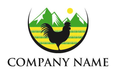 make an Agriculture logo chicken in farm with mountain and sun 