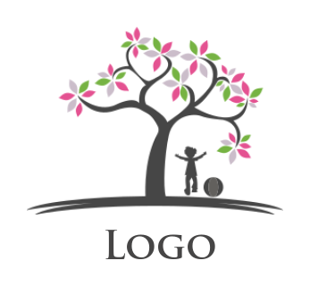 create a child playing ball under blossom tree
