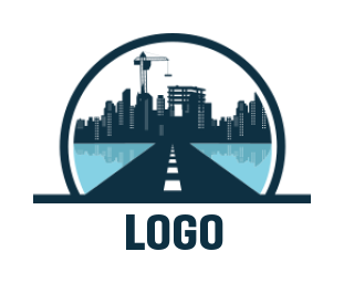 construction logo icon city scape with road and crane in circle