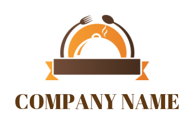 make a restaurant logo cloche inside circle with spoon fork and ribbon